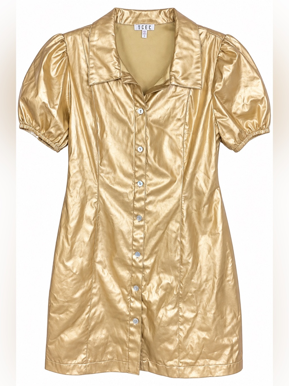 TCEC Metallic Gold Short Puff-Sleeve Button-Front Shirt